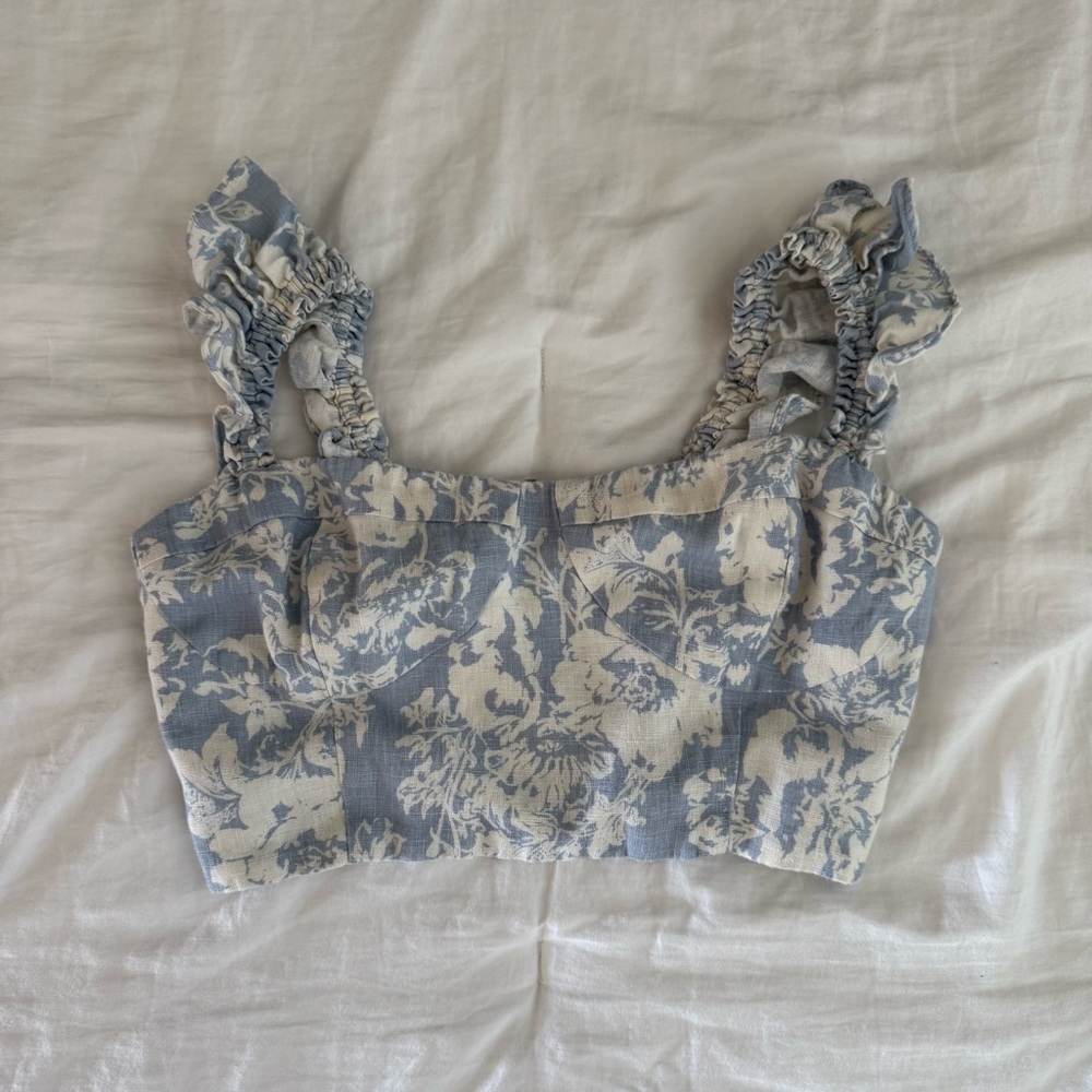 Reformation Linen Blue and White Ruffled Crop Blouse - Junie